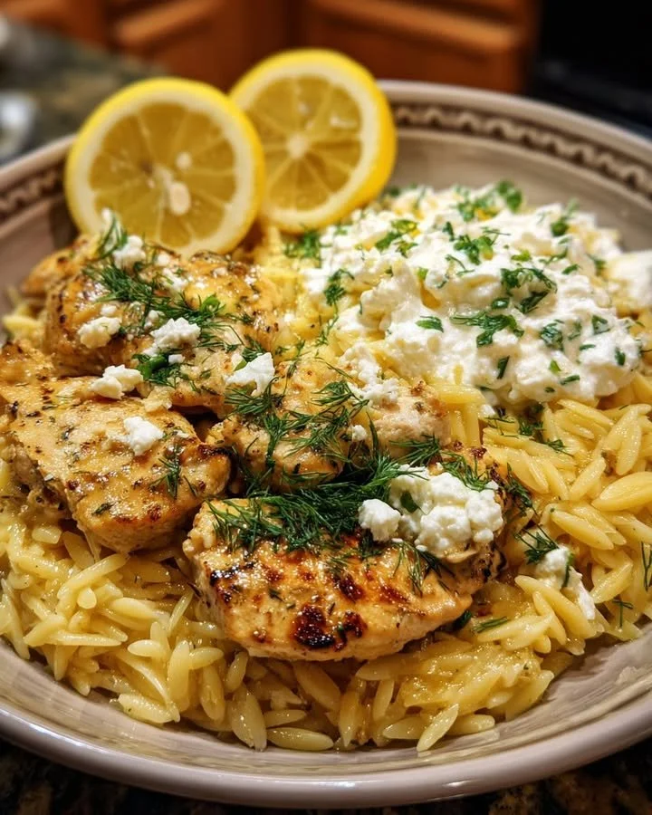 Lemon Butter Dijon Chicken with orzo and feta sauce in a bowl.