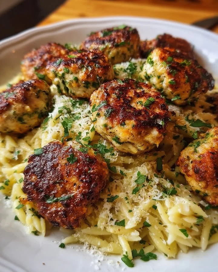 Lemon chicken ricotta meatballs served with garlic orzo on a plate