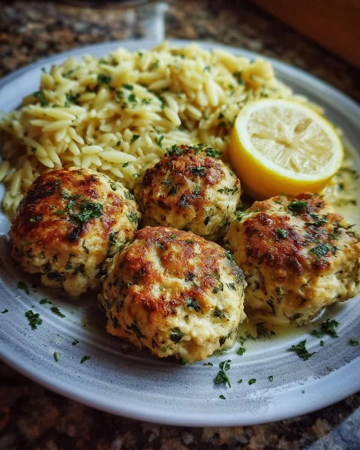 Lemon chicken meatballs with ricotta served on a bed of garlic orzo