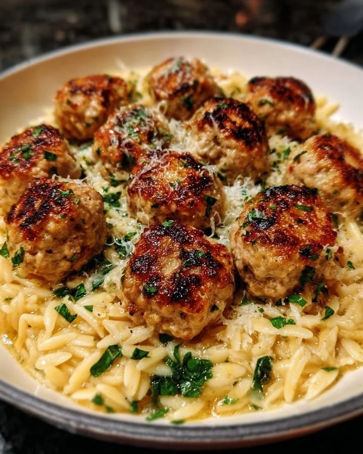 Lemon Chicken Ricotta Meatballs served on a plate with garlic orzo.