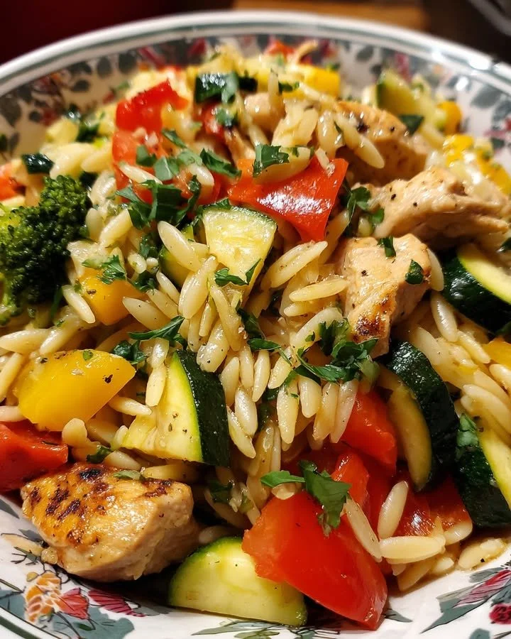 Lemon Chicken and Veggie Orzo Stir Fry served in a colorful bowl
