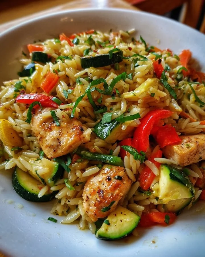 Lemon chicken stir fry with veggies and orzo in a vibrant dish.