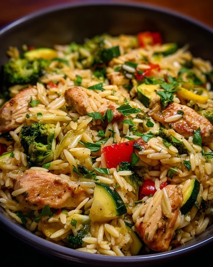 Lemon Chicken and Veggie Orzo Stir Fry in a colorful bowl