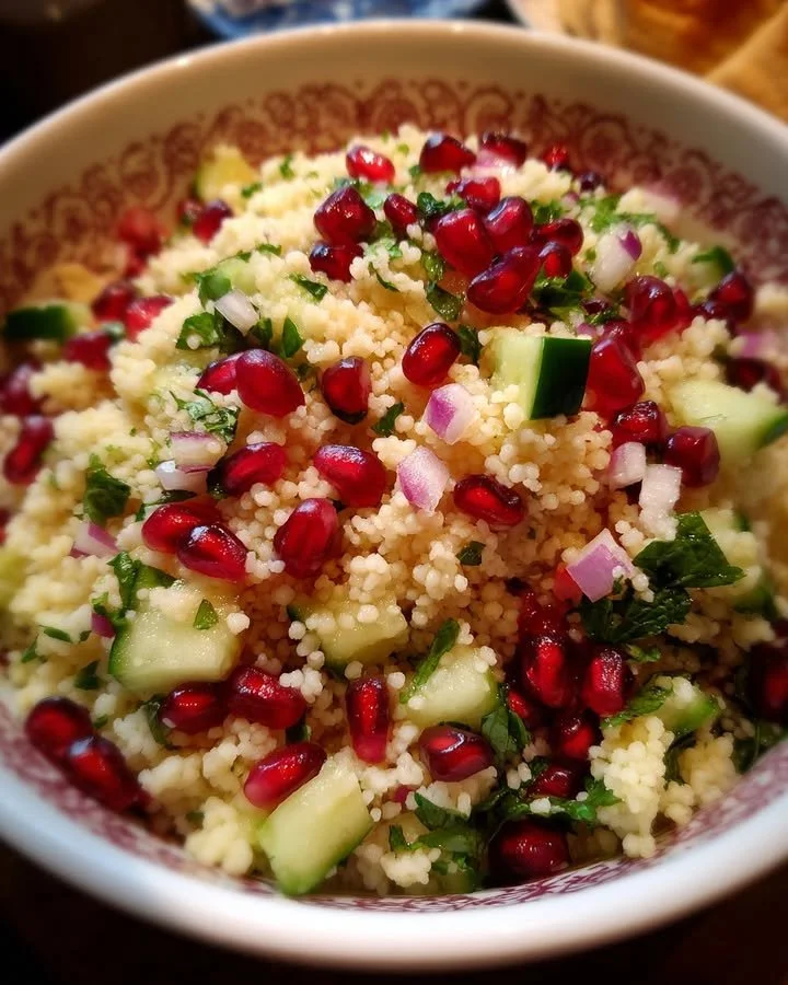 Lemon Couscous Salad with Pomegranate and Mint served in a bowl