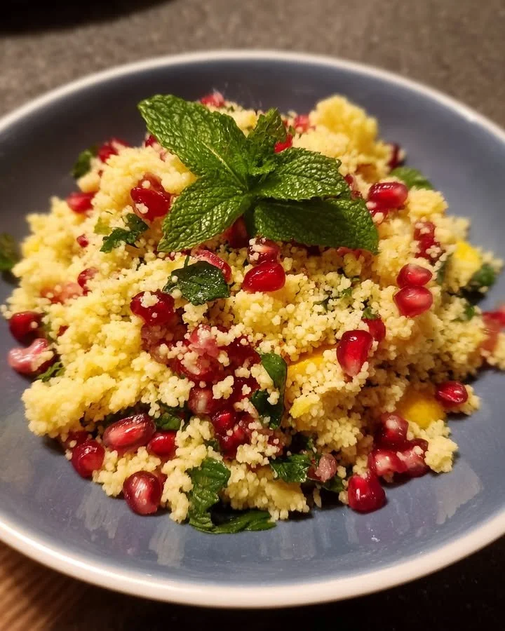 A delicious Lemon Couscous Salad with pomegranate seeds and fresh mint leaves.