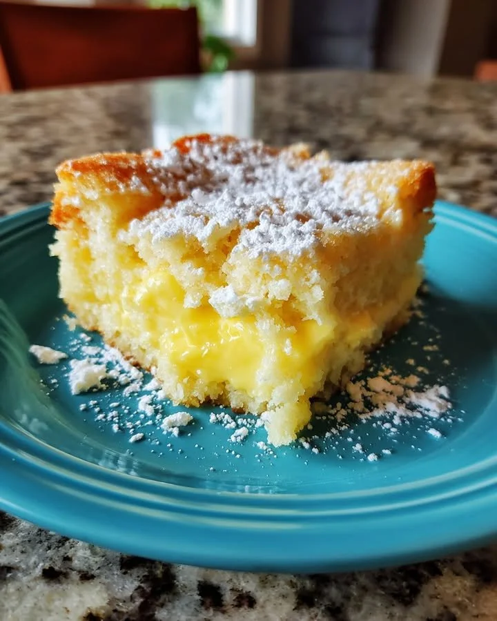 Delicious Lemon Cream Cheese Dump Cake served on a plate