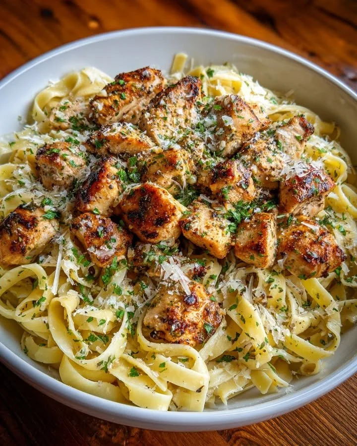 Lemon Garlic Butter Chicken Bites with Parmesan Linguine on a plate