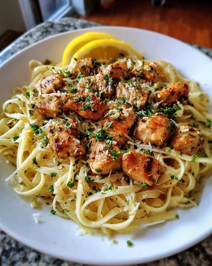 Lemon Garlic Butter Chicken Bites with Savory Parmesan Linguine dinner plate