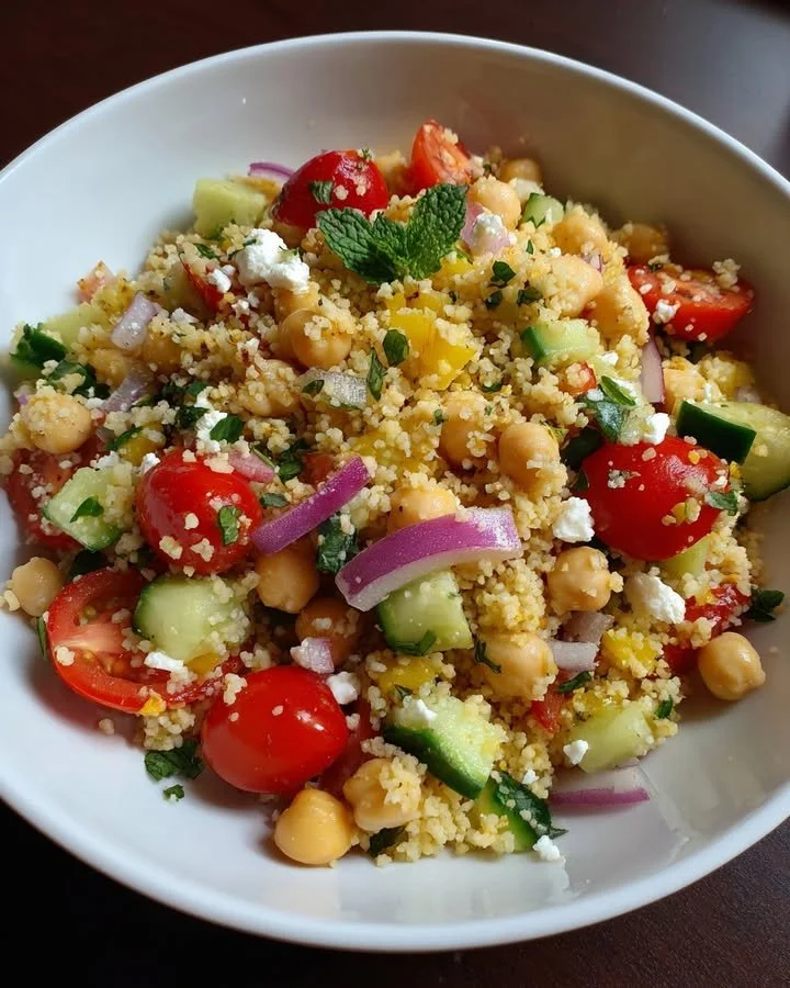 Lemon herb couscous salad with chickpeas, garnished with fresh herbs