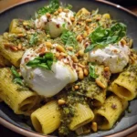 Lemon Pesto Rigatoni topped with burrata and roasted pine nuts