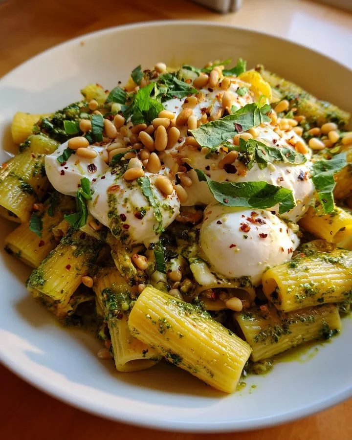 Bowl of Lemon Pesto Rigatoni topped with Burrata and Roasted Pine Nuts