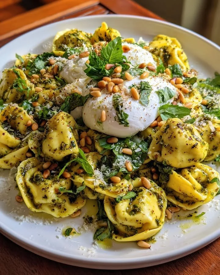 Lemon Pesto Tortellini topped with burrata cheese and roasted pine nuts