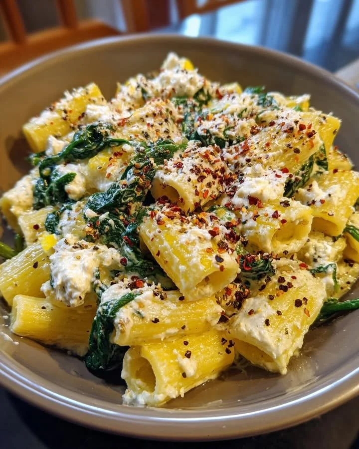 Plate of Lemon Ricotta Pasta with fresh spinach and lemon zest.