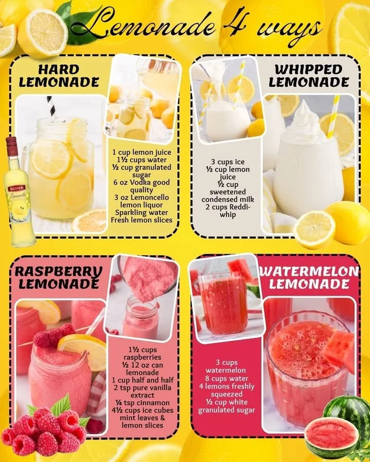 Various refreshing lemonade variations in colorful glasses