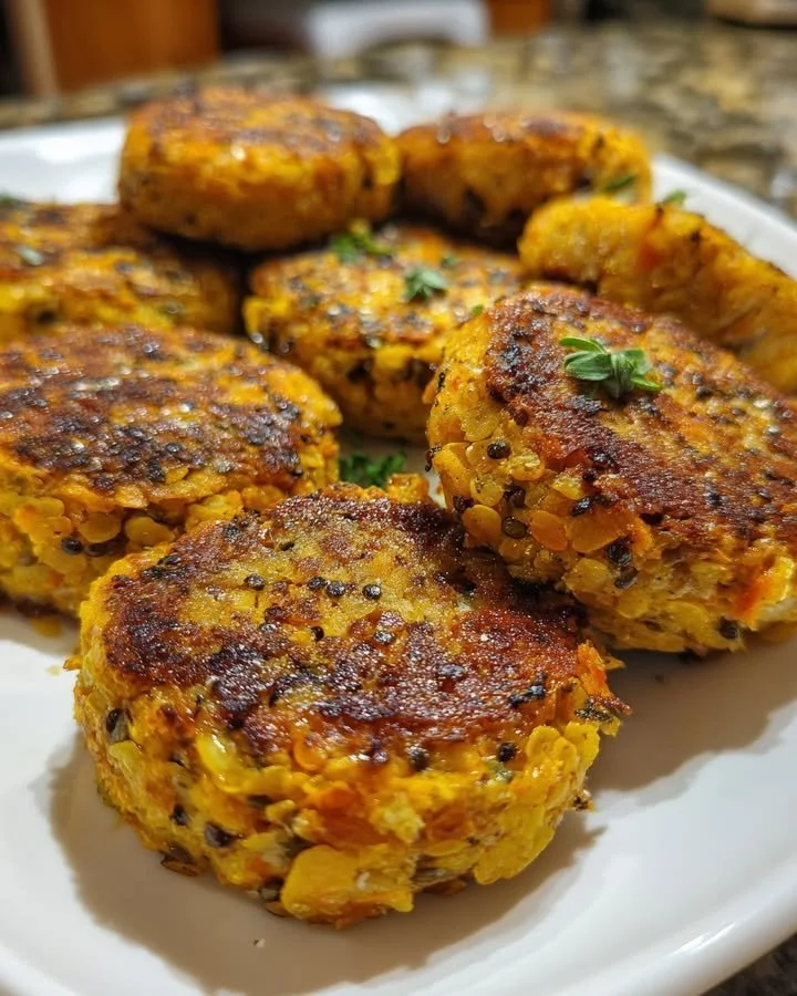Lentil and sweet potato patties garnished with herbs on a plate