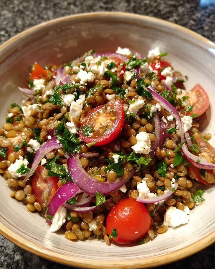 Delicious Lentil Salad with Feta and Parsley in a vibrant bowl