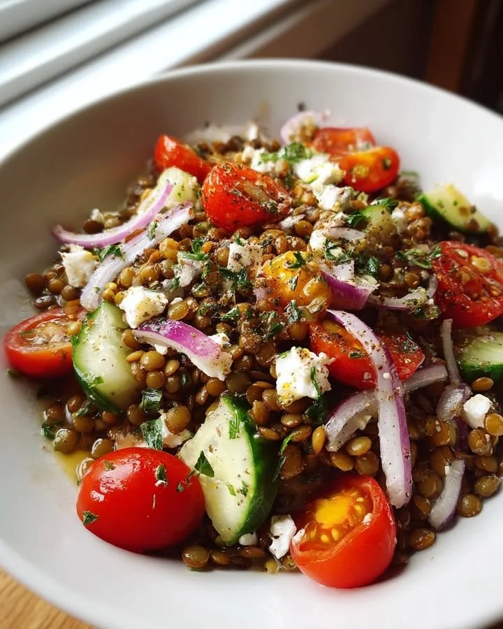 Lentil Salad with Feta and Lemon served in a bowl