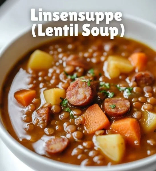 Bowl of homemade lentil soup with vegetables and herbs