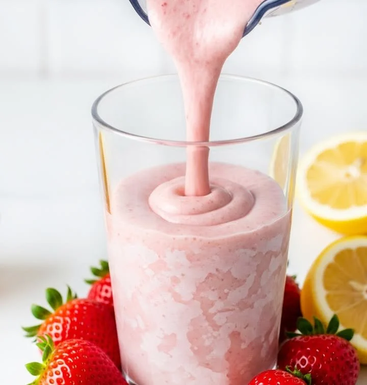 Limonada de fresa glaseada servida en un vaso decorativo