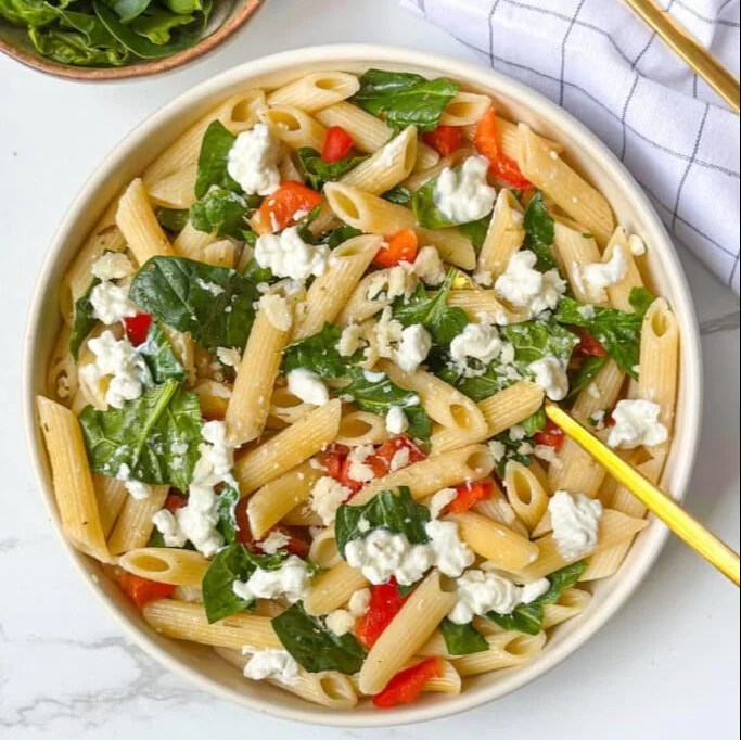 Low calorie pasta salad with fresh vegetables and a light dressing