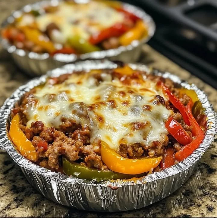 Delicious low carb crustless pizza bowl topped with fresh vegetables and cheese.