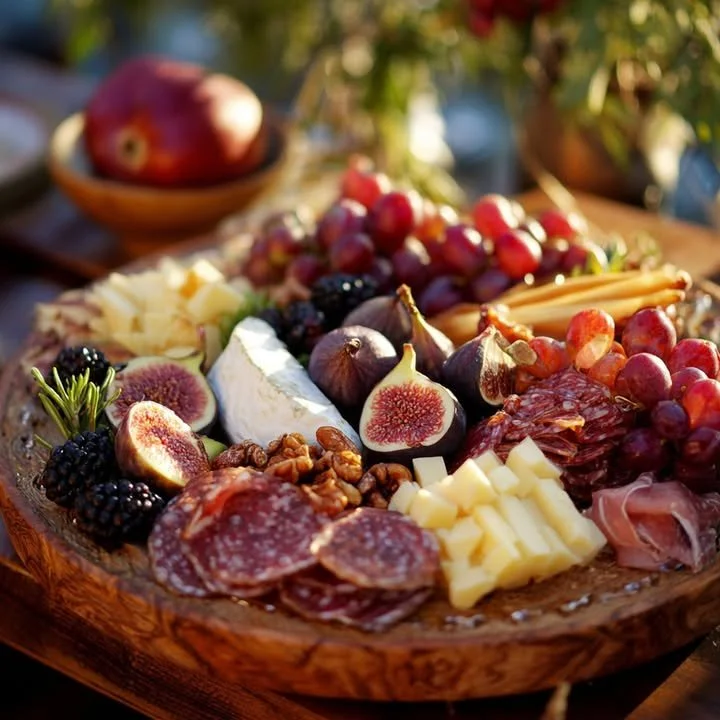 Luxe fruit and charcuterie platter with figs, gourmet cheese, and cured meats.