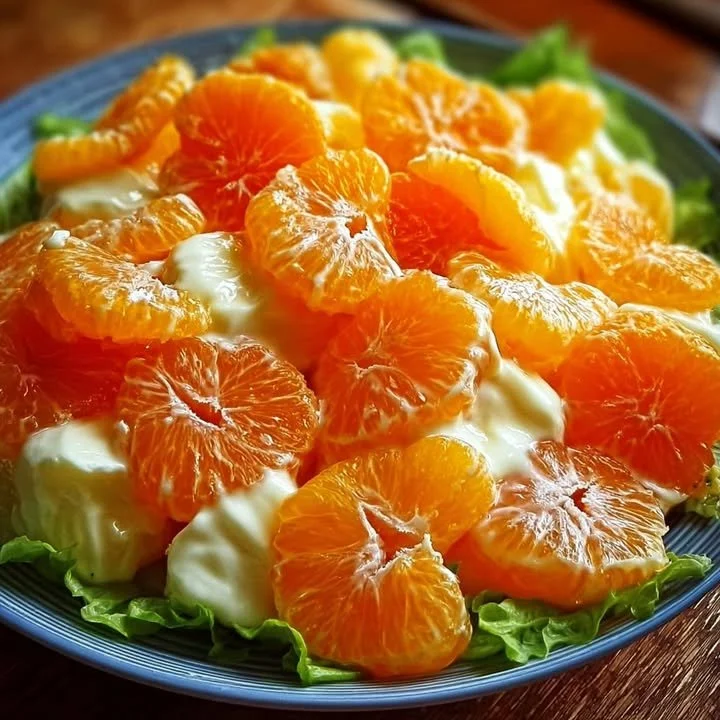 A colorful Mandarin Orange Salad featuring vibrant oranges, greens, and dressing