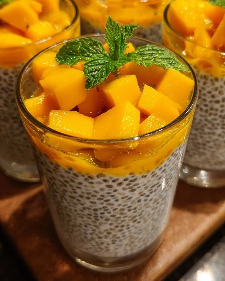 Delicious mango chia pudding topped with fresh mango slices