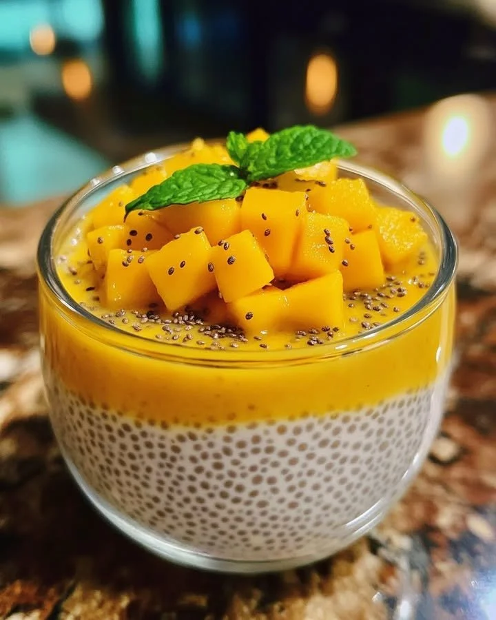 Delicious Mango Chia Pudding served in a bowl with mango slices on top