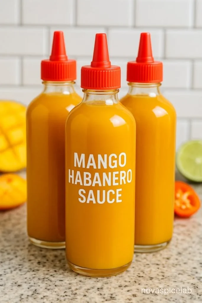 Bottle of Mango Habanero Sauce with vibrant fruit and chili peppers