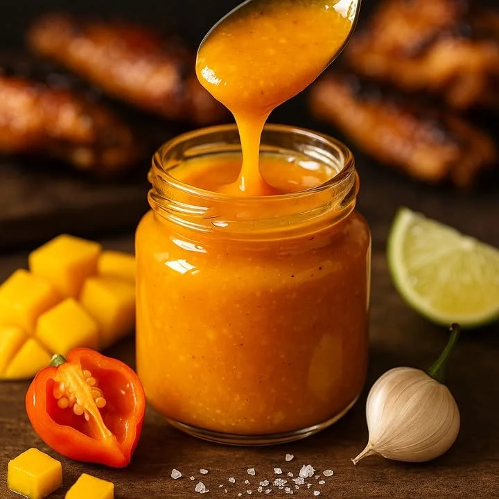 Mango Scotch Bonnet Fire Sauce bottle featuring vibrant packaging and spicy ingredients.
