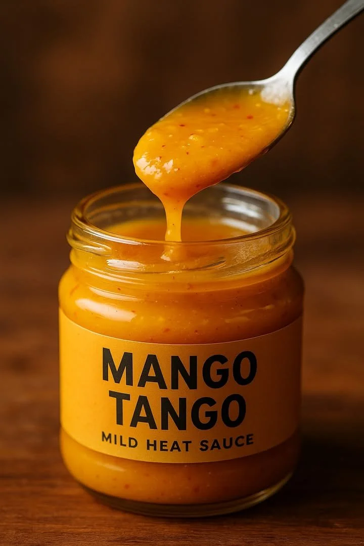 Mango Tango Mild Heat Sauce bottle on a wooden table with tropical fruits