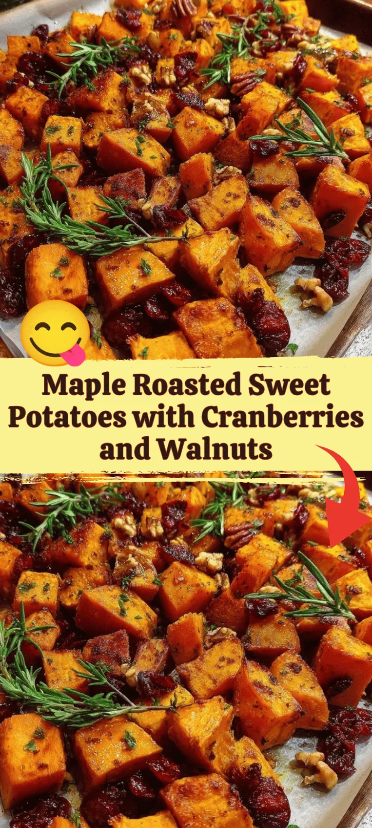 Maple roasted sweet potatoes garnished with cranberries and walnuts.