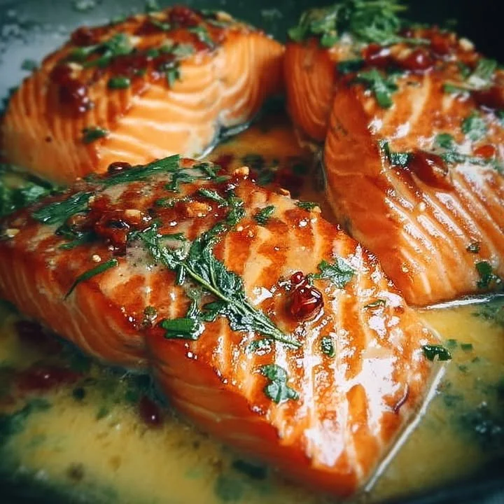 Delicious Marry Me Salmon garnished with herbs and lemon on a plate