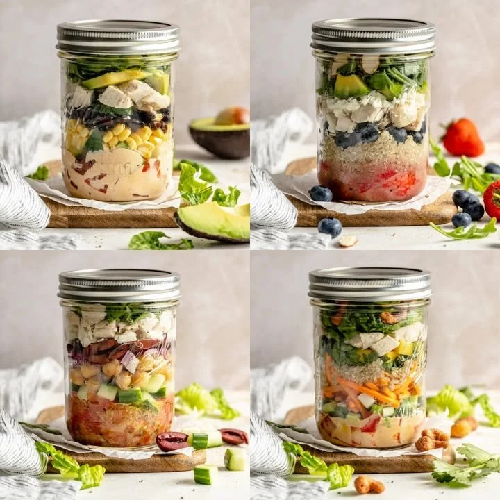 Colorful Mason Jar Salads stacked with fresh vegetables and grains
