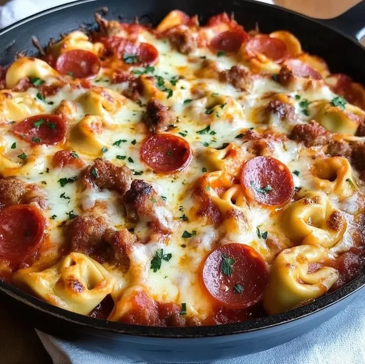 Delectable Meat Lover’s Skillet Tortellini with rich toppings and flavors
