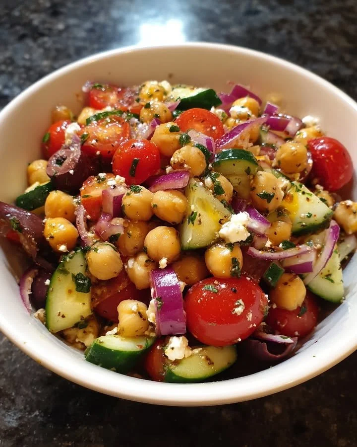 Mediterranean chickpea salad with fresh vegetables and herbs