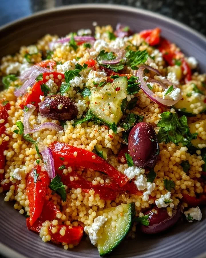 Mediterranean Couscous Salad with olives, feta cheese, and roasted bell peppers