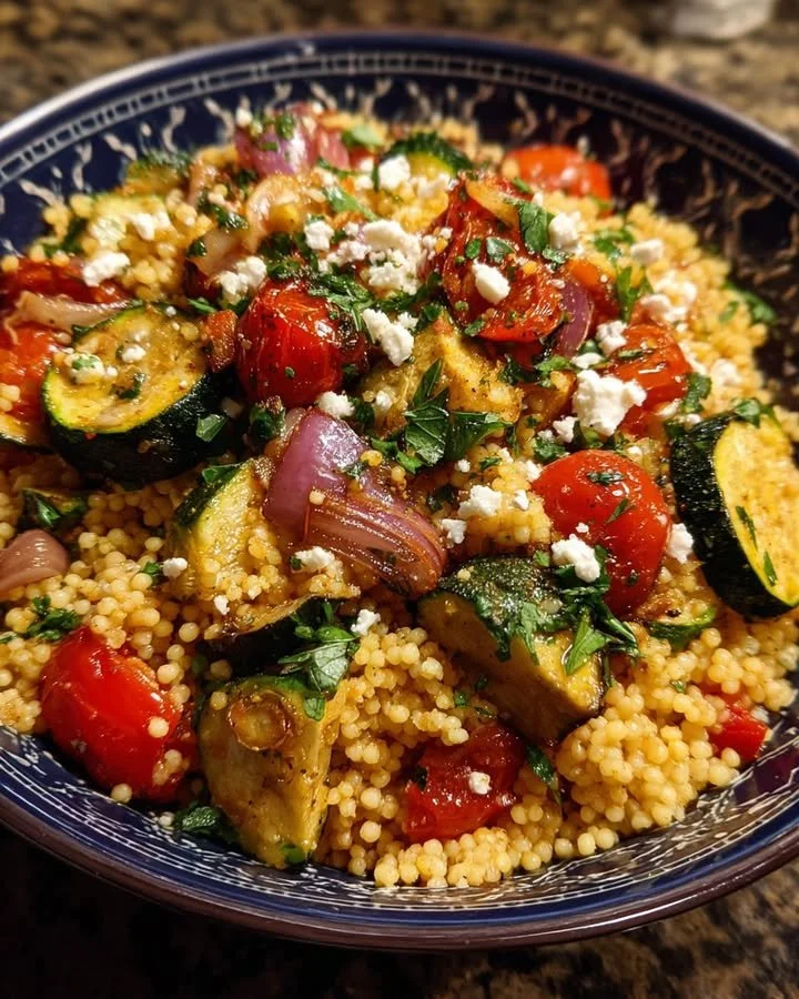 Mediterranean Couscous with Roasted Vegetables served in a colorful bowl
