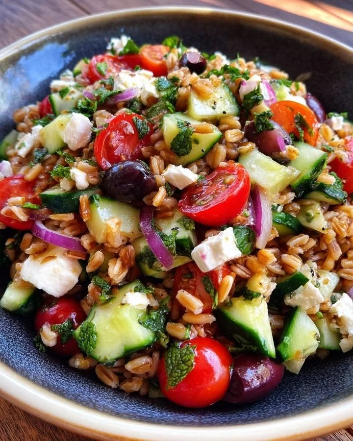 Mediterranean Farro Salad with fresh vegetables and herbs in a bowl