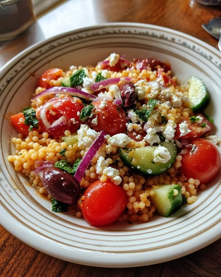 A colorful Mediterranean-Inspired Couscous Salad featuring fresh veggies and herbs.