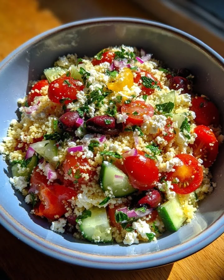Mediterranean-inspired couscous salad with colorful vegetables and herbs