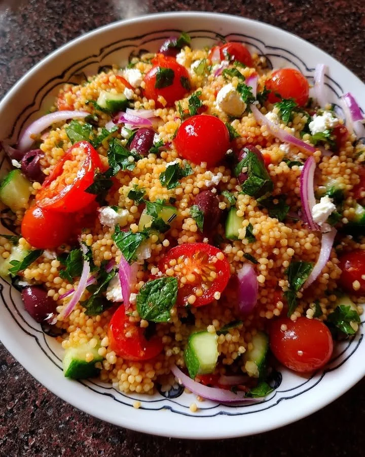 A vibrant Mediterranean-inspired couscous salad with vegetables and herbs.