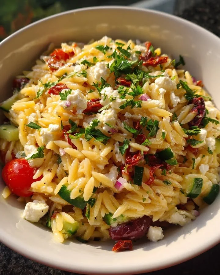 Mediterranean Orzo salad with feta, olives, and sun-dried tomatoes