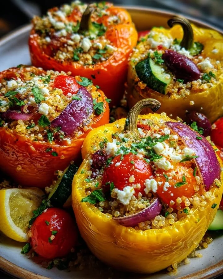 Colorful Mediterranean stuffed peppers filled with grains and vegetables