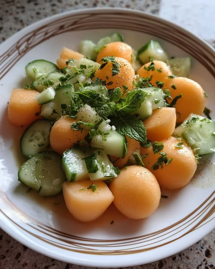 Melon cucumber salad with mint in a bowl, fresh and colorful summer dish.