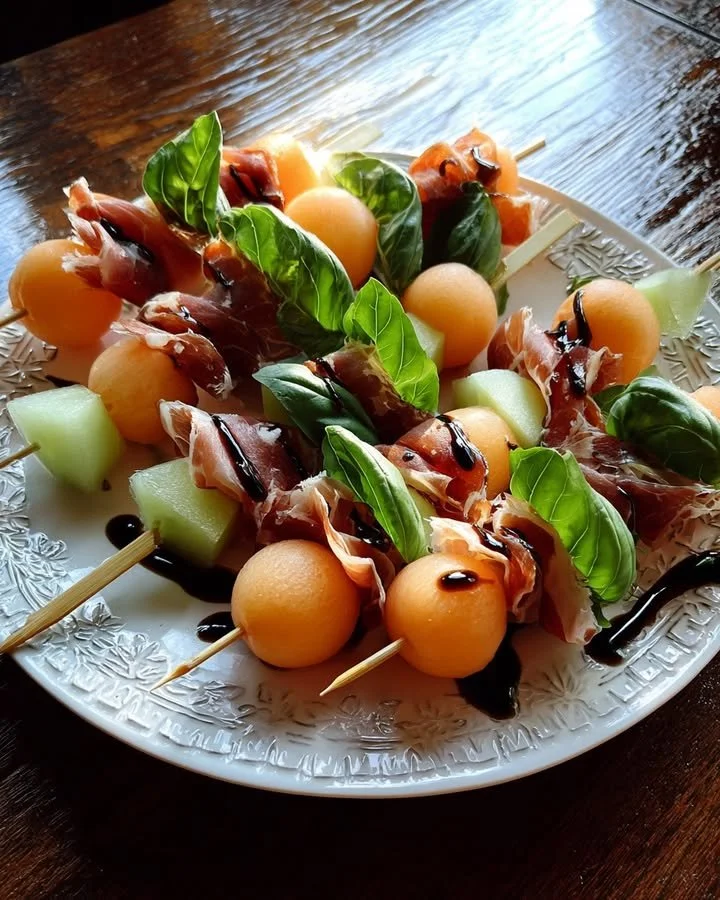Colorful melon prosciutto skewers arranged on a platter for serving.