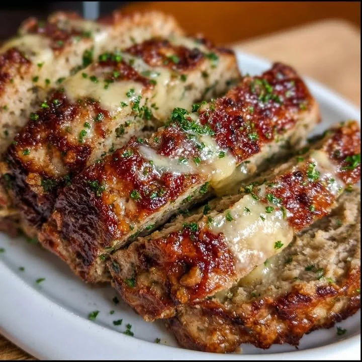 Delicious garlic parmesan chicken meatloaf ready to serve with herbs on a plate.
