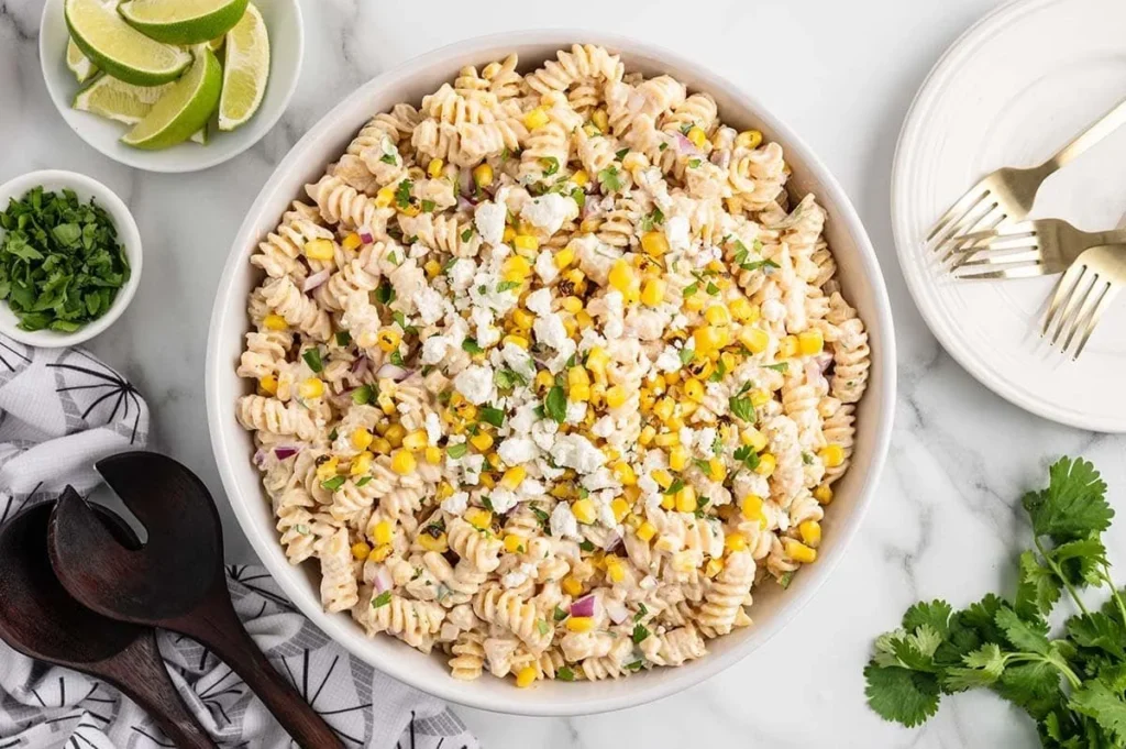 Bowl of Mexican street corn pasta salad with fresh ingredients and vibrant colors