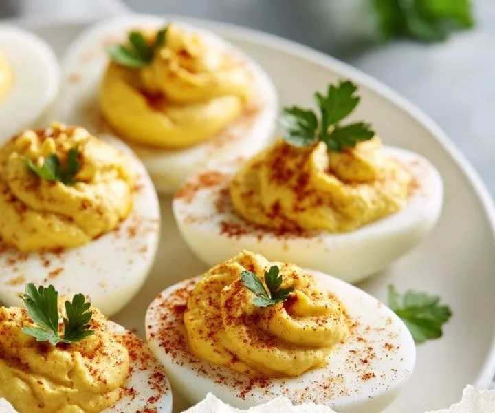 Plate of Mimosa Eggs, a French-style deviled egg dish garnished with herbs.